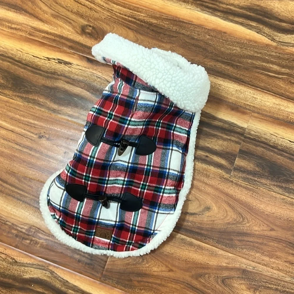 Bee & Willow Home Red Plaid Sherpa Lined Dog Coat Jacket Size Large 15” - 17”